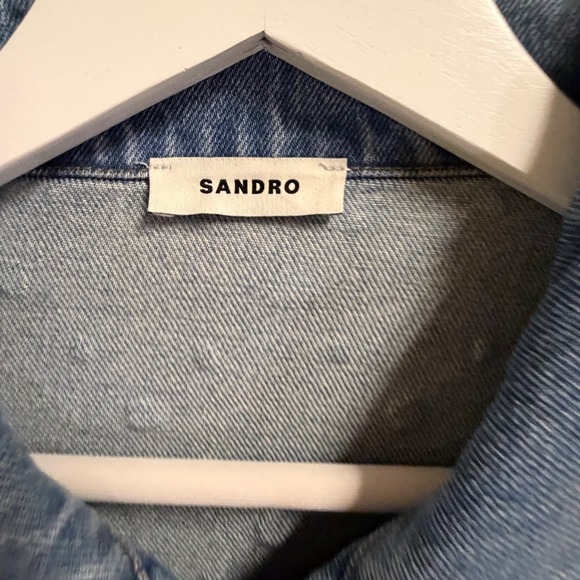 NWT Sandro Embellished Denim Jacket Pearl Crystal Studded Blue Cropped Sz 4 - Picture 7 of 14